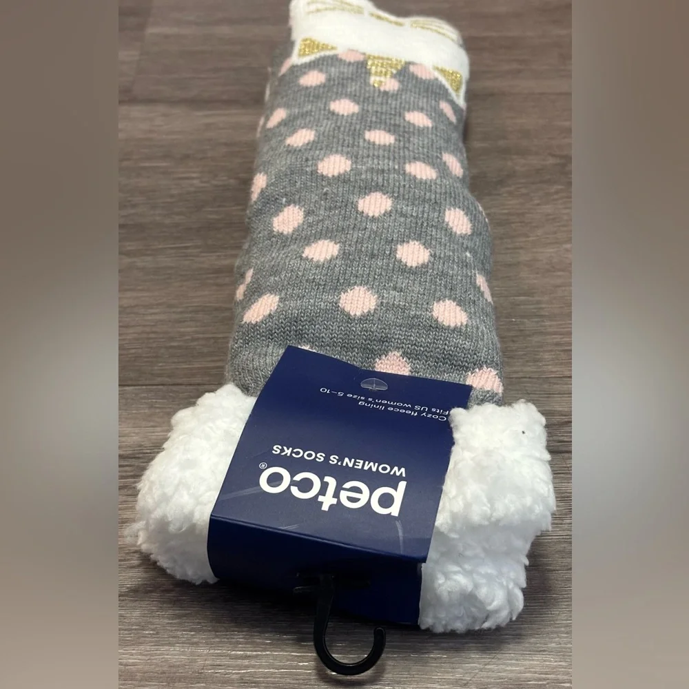 NWT Petco Cozy Fleece Lined Caticorn Slipper Socks - Grey/Pink Polka Dot